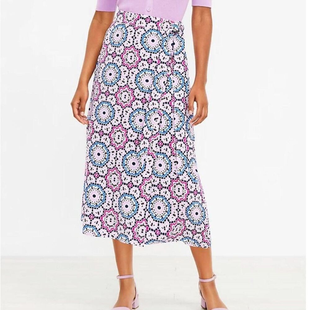LOFT | NWT Linen Blend Mosaic Wrap Midi Skirt in Pink | Size 6
